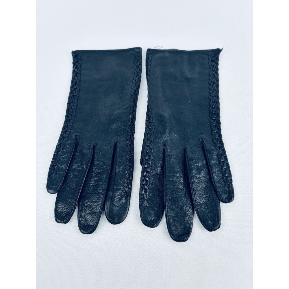 Vintage Madova Black Braided Kid Leather Women's Gloves Size 6.5 Florence Italy